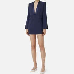 Mini Abiti|Abiti|Elisabetta Franchi Abito boxy in crêpe con revers in raso Navy