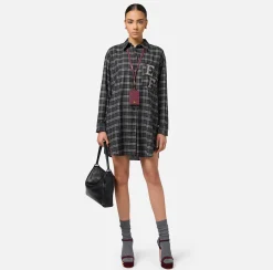 Mini Abiti|Abiti|Elisabetta Franchi Abito camicia in lana tartan con patch ricamato Steel