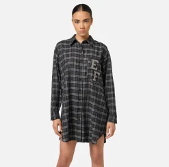 Mini Abiti|Abiti|Elisabetta Franchi Abito camicia in lana tartan con patch ricamato Steel