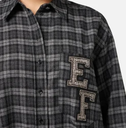 Mini Abiti|Abiti|Elisabetta Franchi Abito camicia in lana tartan con patch ricamato Steel