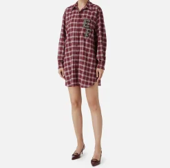 Mini Abiti|Abiti|Elisabetta Franchi Abito camicia in lana tartan con patch ricamato RedPassion