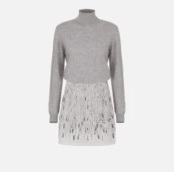Mini Abiti|Abiti In Maglia|Elisabetta Franchi Abito dolcevita in lana con gonna ricamata Grigiomelange