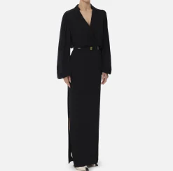 Red Carpet|Abiti|Elisabetta Franchi Abito lungo a camicia in crêpe con cintura Nero
