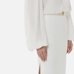 Red Carpet|Abiti|Elisabetta Franchi Abito lungo a camicia in crêpe con cintura Avorio