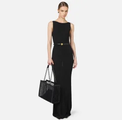 Abiti In Maglia|Abiti|Elisabetta Franchi Abito lungo in viscosa a costina plissé Nero