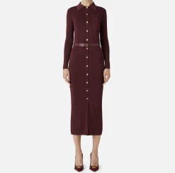 Abiti In Maglia|Abiti|Elisabetta Franchi Abito lungo in viscosa lucida con ricamo logo e cintura RougeNoir