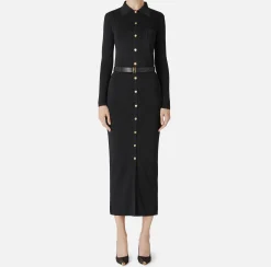 Abiti In Maglia|Abiti|Elisabetta Franchi Abito lungo in viscosa lucida con ricamo logo e cintura Nero