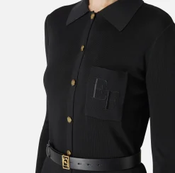 Abiti In Maglia|Abiti|Elisabetta Franchi Abito lungo in viscosa lucida con ricamo logo e cintura Nero