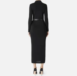 Abiti In Maglia|Abiti|Elisabetta Franchi Abito lungo in viscosa lucida con ricamo logo e cintura Nero