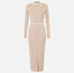 Abiti In Maglia|Abiti|Elisabetta Franchi Abito lungo in viscosa lucida con ricamo logo e cintura Lattice