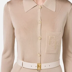 Abiti In Maglia|Abiti|Elisabetta Franchi Abito lungo in viscosa lucida con ricamo logo e cintura Lattice