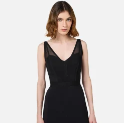 Abiti Midi|Abiti Tubino|Elisabetta Franchi Abito midi con top bustier in tulle e crêpe Nero
