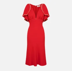 Abiti Midi|Abiti|Elisabetta Franchi Abito midi in crêpe fluido con maniche ad aletta RedPassion/PeachRose