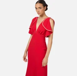 Abiti Midi|Abiti|Elisabetta Franchi Abito midi in crêpe fluido con maniche ad aletta RedPassion/PeachRose