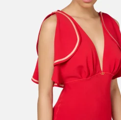 Abiti Midi|Abiti|Elisabetta Franchi Abito midi in crêpe fluido con maniche ad aletta RedPassion/PeachRose
