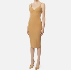 Abiti Midi|Abiti Tubino|Elisabetta Franchi Abito midi in crêpe stretch taglio coppe Camel