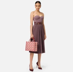 Abiti Midi|Abiti|Elisabetta Franchi Abito midi in fresco lana mélange con gonna plissé e cintura RougeNoir