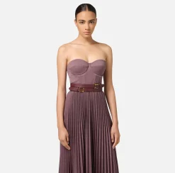 Abiti Midi|Abiti|Elisabetta Franchi Abito midi in fresco lana mélange con gonna plissé e cintura RougeNoir