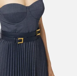 Abiti Midi|Abiti|Elisabetta Franchi Abito midi in fresco lana mélange con gonna plissé e cintura Navy