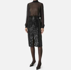 Abiti Midi|Abiti|Elisabetta Franchi Abito midi in georgette di seta ricamata con paillettes Nero