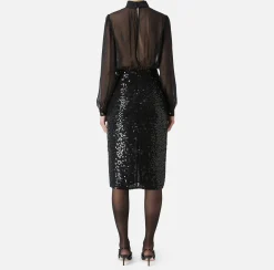 Abiti Midi|Abiti|Elisabetta Franchi Abito midi in georgette di seta ricamata con paillettes Nero