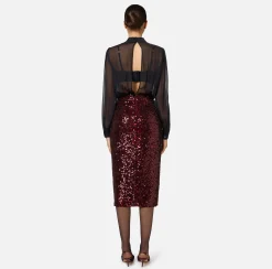 Abiti Midi|Abiti|Elisabetta Franchi Abito midi in georgette di seta ricamata con paillettes Nero/RougeNoir