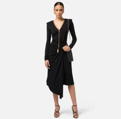 Abiti Midi|Abiti|Elisabetta Franchi Abito midi in jersey drappeggiato con collana Nero