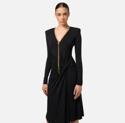 Abiti Midi|Abiti|Elisabetta Franchi Abito midi in jersey drappeggiato con collana Nero