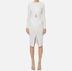 Abiti Midi|Abiti|Elisabetta Franchi Abito midi in jersey lucido con drappeggio Avorio