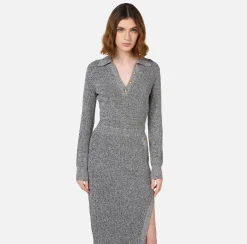 Abiti Midi|Abiti In Maglia|Elisabetta Franchi Abito midi in lana mouliné con patch logo Nero/Burro
