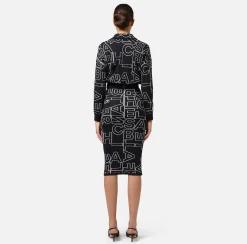 Abiti Midi|Abiti In Maglia|Elisabetta Franchi Abito midi in misto lana lettering Nero/Burro