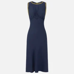 Abiti Midi|Abiti|Elisabetta Franchi Abito midi in satin con bande Navy/Mimosa/Burro