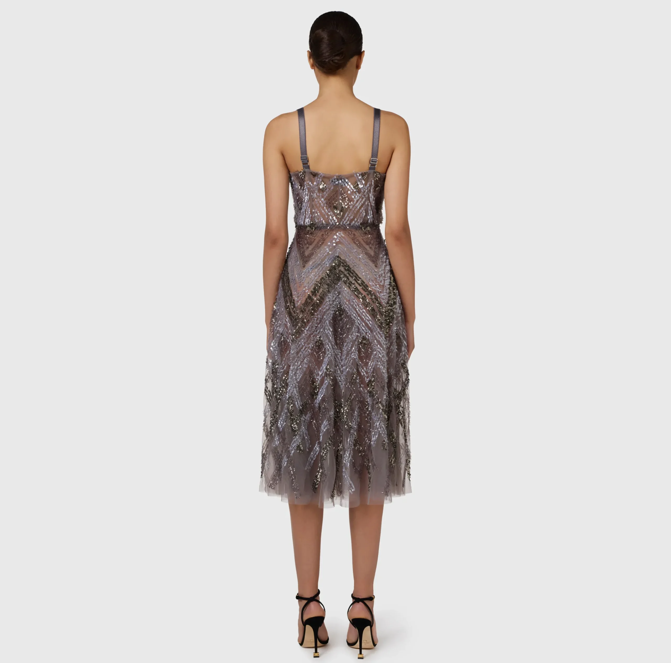 Abiti Red Carpet|Abiti Midi|Elisabetta Franchi Abito midi in tulle con ricamo paillettes chevron Steel