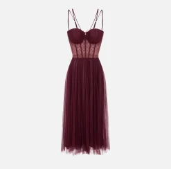 Abiti Midi|Abiti|Elisabetta Franchi Abito midi in tulle plissettato RougeNoir