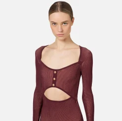 Abiti Midi|Abiti In Maglia|Elisabetta Franchi Abito midi in viscosa a costine con cut-out RougeNoir/Blush