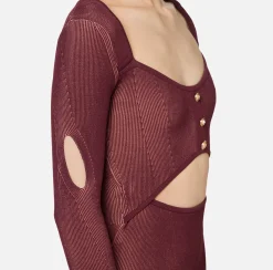 Abiti Midi|Abiti In Maglia|Elisabetta Franchi Abito midi in viscosa a costine con cut-out RougeNoir/Blush