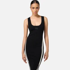 Abiti Tubino|Abiti Midi|Elisabetta Franchi Abito midi in viscosa con bande logo Nero/Burro