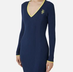 Abiti Midi|Abiti In Maglia|Elisabetta Franchi Abito midi in viscosa con logo a contrasto Navy/Mimosa