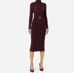 Abiti Midi|Abiti In Maglia|Elisabetta Franchi Abito midi in viscosa e seta a costine con ricamo logo RougeNoir