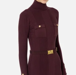 Abiti Midi|Abiti In Maglia|Elisabetta Franchi Abito midi in viscosa e seta a costine con ricamo logo RougeNoir