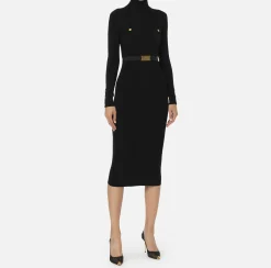 Abiti Midi|Abiti In Maglia|Elisabetta Franchi Abito midi in viscosa e seta a costine con ricamo logo Nero