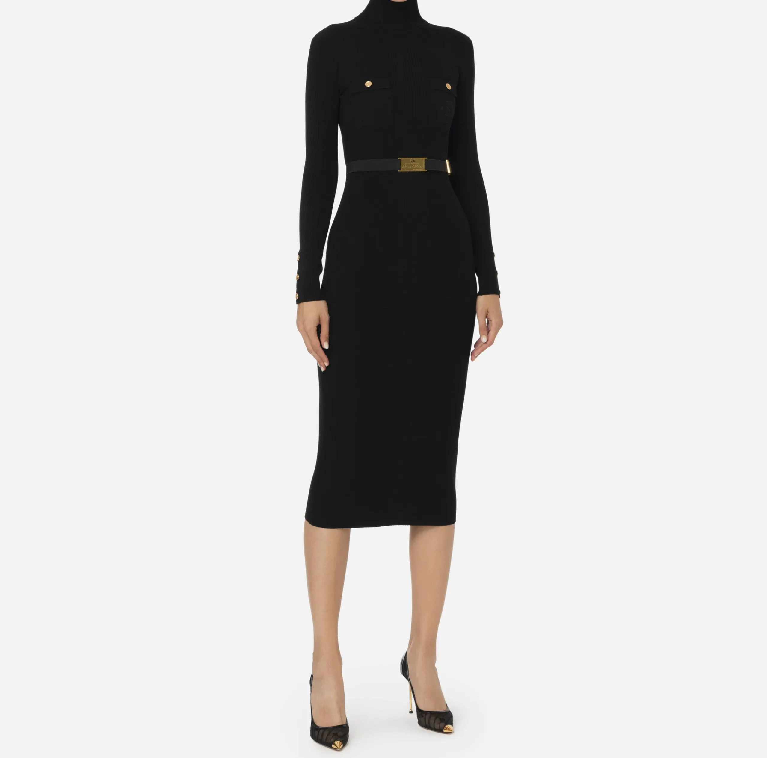 Abiti Midi|Abiti In Maglia|Elisabetta Franchi Abito midi in viscosa e seta a costine con ricamo logo Nero