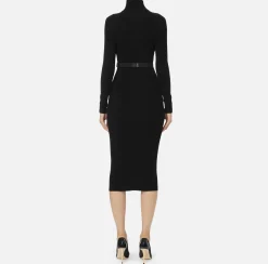 Abiti Midi|Abiti In Maglia|Elisabetta Franchi Abito midi in viscosa e seta a costine con ricamo logo Nero