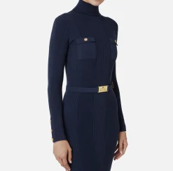 Abiti Midi|Abiti In Maglia|Elisabetta Franchi Abito midi in viscosa e seta a costine con ricamo logo Navy