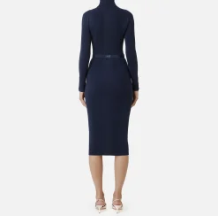 Abiti Midi|Abiti In Maglia|Elisabetta Franchi Abito midi in viscosa e seta a costine con ricamo logo Navy