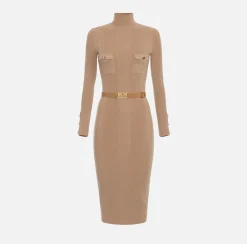 Abiti Midi|Abiti In Maglia|Elisabetta Franchi Abito midi in viscosa e seta a costine con ricamo logo Camel