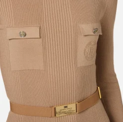 Abiti Midi|Abiti In Maglia|Elisabetta Franchi Abito midi in viscosa e seta a costine con ricamo logo Camel