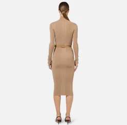 Abiti Midi|Abiti In Maglia|Elisabetta Franchi Abito midi in viscosa e seta a costine con ricamo logo Camel
