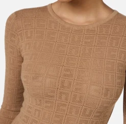 Abiti|Abiti Midi|Elisabetta Franchi Abito midi in viscosa logo punto rete Camel