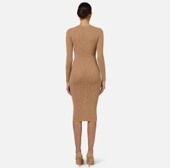 Abiti|Abiti Midi|Elisabetta Franchi Abito midi in viscosa logo punto rete Camel